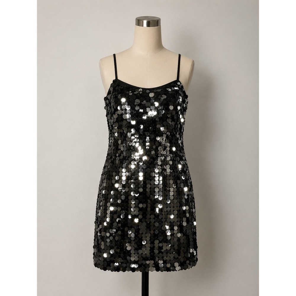 Crystal Sky Black Silver Sequin Paillette Mini Dress Spaghetti Strap Small